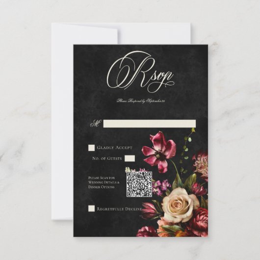 Donker Elegant Herfst Bloemen Bruiloft QR Code RSVP Kaartje (Voorkant)