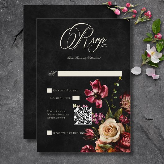 Donker Elegant Herfst Bloemen Bruiloft QR Code RSVP Kaartje