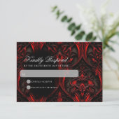 Donker Elegant Rood & Zwart Gothic Damask Bruiloft RSVP Kaartje (Staand voorkant)