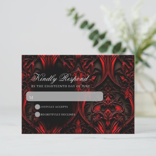 Donker Elegant Rood & Zwart Gothic Damask Bruiloft RSVP Kaartje (Staand voorkant)