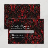 Donker Elegant Rood & Zwart Gothic Damask Bruiloft RSVP Kaartje (Voorkant / Achterkant)