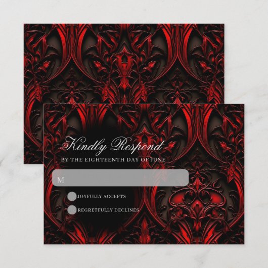 Donker Elegant Rood & Zwart Gothic Damask Bruiloft RSVP Kaartje (Voorkant / Achterkant)