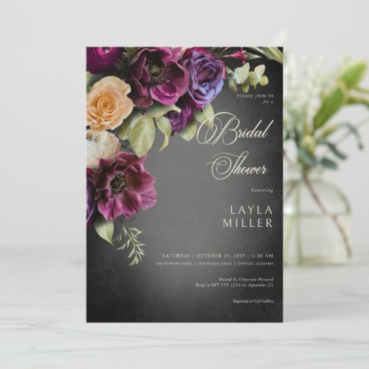 Donker Elegant Zwart Blur Bloemen Vrijgezellenfees Kaart (Staand voorkant)