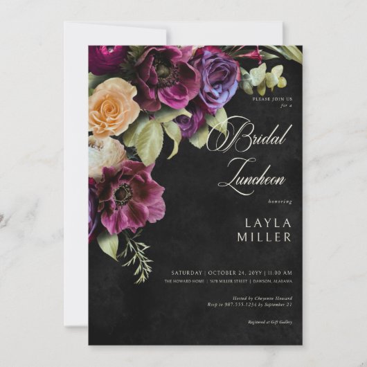 Donker Elegant Zwart Dramatisch Bloemen Bruids Lun Kaart (Voorkant)