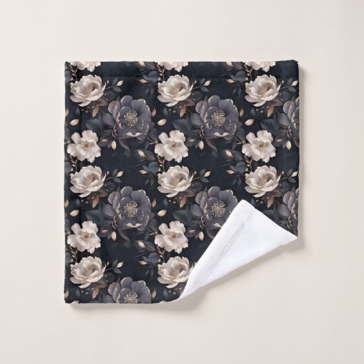 Donker Elegant Zwart en Crème pioenroos Floral Bad Handdoek (Wasdoekje)