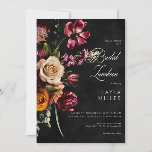 Donker Elegant Zwart Herfst Bloemen Bruids Luncheo Kaart (Voorkant)