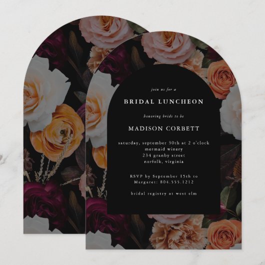 Donker Elegant Zwart Herfst Bloemen Bruids Luncheo Kaart (Voorkant / Achterkant)