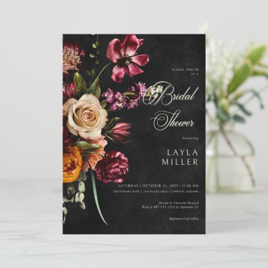 Donker Elegant Zwart Herfst Bloemen Vrijgezellenfe Kaart (Staand voorkant)