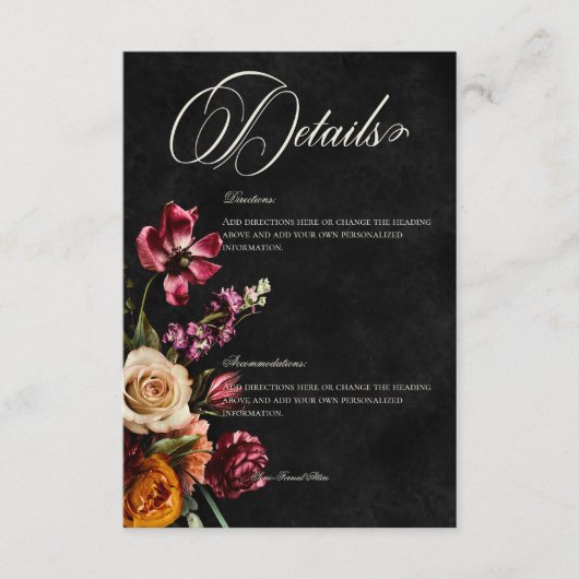 Donker Elegante Herfst Bloemen Bruiloft Details Informatiekaartje (Voorkant)