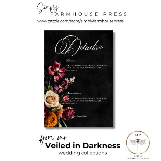 Donker Elegante Herfst Bloemen Bruiloft Details Informatiekaartje