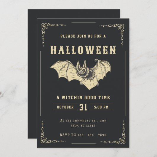 Donker en Goud Creatieve Halloween Feestuitnodigin Kaart (Voorkant / Achterkant)