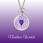 Donker en licht paarse liefde hart Ketting Watch<br><div class="desc">Ketting Horloge cadeau. Met een paarse liefdeshart en kloknummers op een lichtere paarse achtergrond.</div>