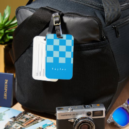 Donker en lichtblauw vierkant blokkenpatroon bagagelabel
