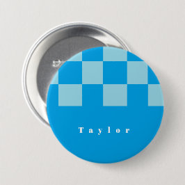 Donker en lichtblauw vierkant blokkenpatroon ronde button 7,6 cm