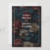 Donker en Moody Blauw Bloemen Bruiloft Uitnodiging (Voorkant)