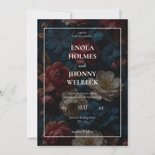 Donker en Moody Blauw Bloemen Bruiloft Uitnodiging (Voorkant)