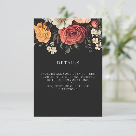 Donker en Moody Elegant Floral Black Wedding Informatiekaartje (Staand voorkant)