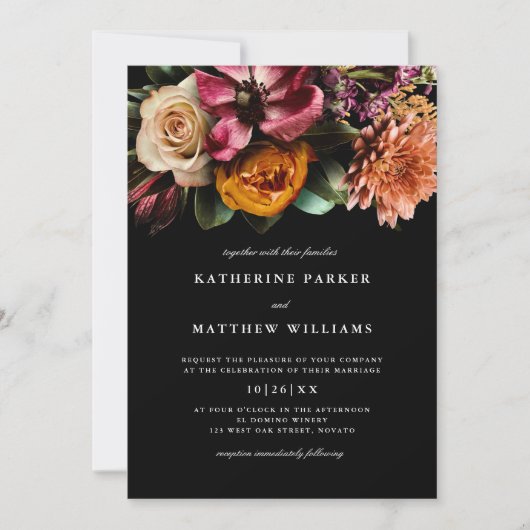 Donker en Moody Elegant Floral Black Wedding Kaart (Voorkant)