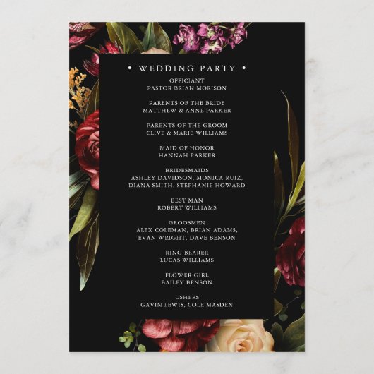 Donker en Moody Elegant Floral Black Wedding Progr Programmakaart (Achterkant)