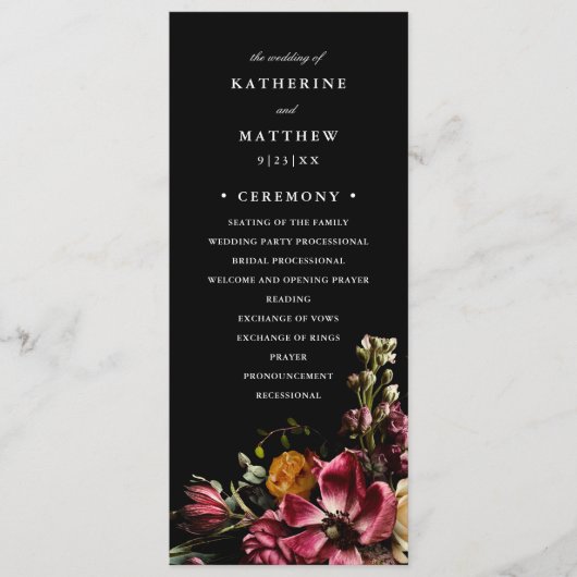 Donker en Moody Elegant Floral Black Wedding Progr Programmakaart (Voorkant)