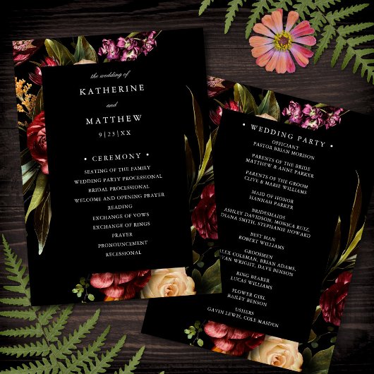 Donker en Moody Elegant Floral Black Wedding Progr Programmakaart