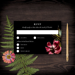 Donker en Moody Elegant Floral Black Wedding RSVP Kaartje