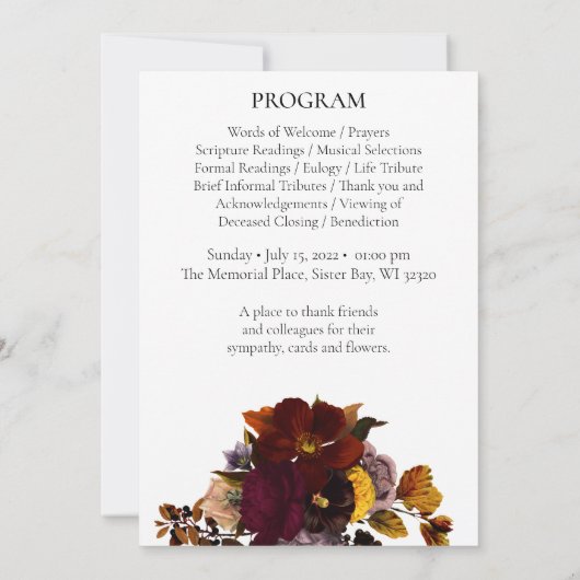 Donker en Moody Floral foto Memorial Programme Kaart (Achterkant)