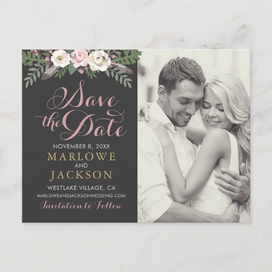 Donker en Moody Roos Roze Floral Boho Wedding Aankondigingskaart (Voorkant)