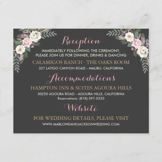 Donker en Moody Roos Roze Floral Boho Wedding Informatiekaartje (Voorkant)