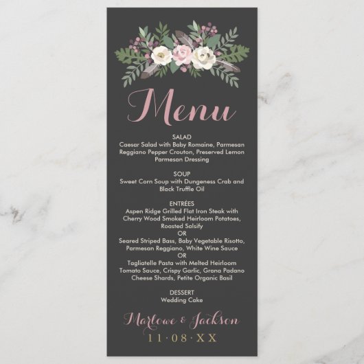 Donker en Moody Roos Roze Floral Boho Wedding Menu (Voorkant)