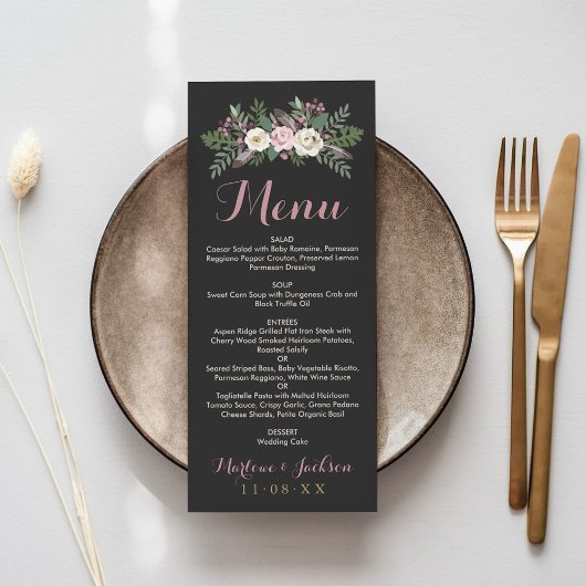 Donker en Moody Roos Roze Floral Boho Wedding Menu