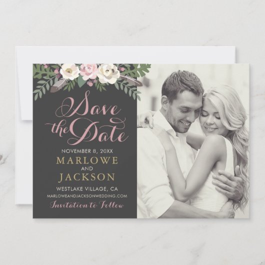 Donker en Moody Roos Roze Floral Boho Wedding Save The Date (Voorkant)