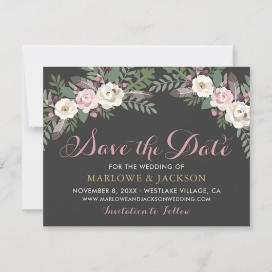 Donker en Moody Roos Roze Floral Boho Wedding Save The Date (Voorkant)