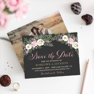 Donker en Moody Roos Roze Floral Boho Wedding Save The Date