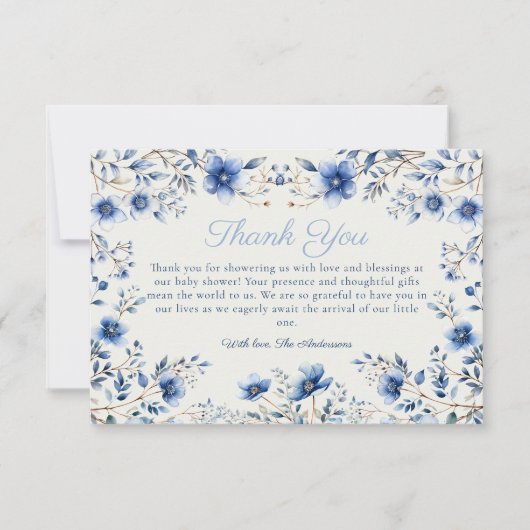 Donker en Stoffig Blauw Wildbloemen Baby shower Bedankkaart (Voorkant)