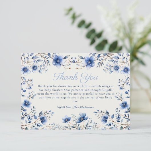 Donker en Stoffig Blauw Wildbloemen Baby shower Bedankkaart (Staand voorkant)