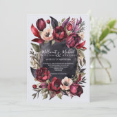 Donker Esthetisch Bloemen - Rood & Zwart Bruiloft Kaart (Staand voorkant)