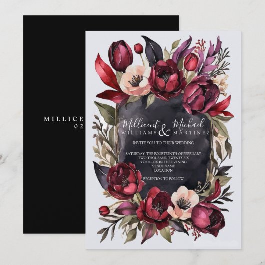 Donker Esthetisch Bloemen - Rood & Zwart Bruiloft Kaart (Voorkant / Achterkant)