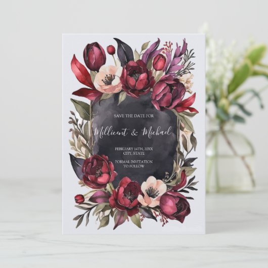 Donker Esthetisch Bloemen Save the Date - Rood & Z Kaart (Staand voorkant)