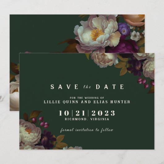 Donker Forest Green | Elegant Floral Jewel Tone Save The Date (Voorkant / Achterkant)