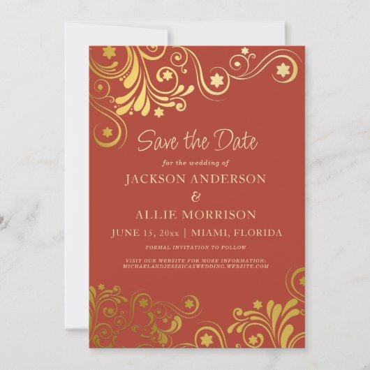 Donker gebrande Sinaasappel gouden wervelingen fot Save The Date (Voorkant)