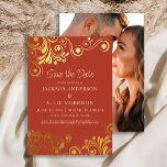 Donker gebrande Sinaasappel gouden wervelingen fot Save The Date<br><div class="desc">Donker gebrande sinaasappels bruiloft Save the Date geaccentueerd met elegante en leuke gouden wervelingen en bloei. Gepersonaliseerd met uw informatie op de voorkant en uw foto op de achterkant. Neem contact met mij op voor hulp bij uw aanpassingen of om extra matching of coördinatie van Zazzle producten aan te vragen...</div>
