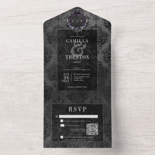 Donker Gothic Zwart Damask QR Code All In One Uitnodiging (Binnen)