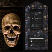 Donker Gotisch  Blauw Bloemen & Schedels Diner All In One Uitnodiging