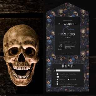 Donker Gotisch  Blauw Bloemen & Schedels Diner All In One Uitnodiging