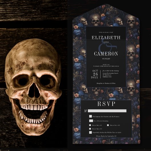 Donker Gotisch  Blauw Bloemen & Schedels Diner All In One Uitnodiging