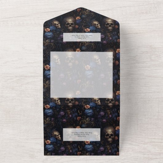 Donker Gotisch  Blauw Bloemen & Schedels Diner All In One Uitnodiging (Buitenkant)
