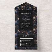 Donker Gotisch  Blauw Bloemen & Schedels Diner All In One Uitnodiging (Binnen)