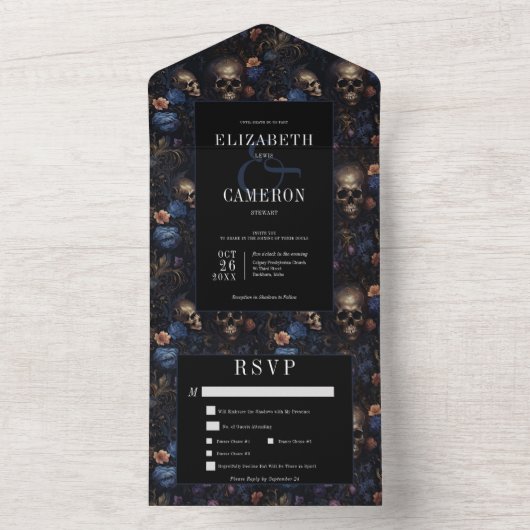Donker Gotisch  Blauw Bloemen & Schedels Diner All In One Uitnodiging (Binnen)