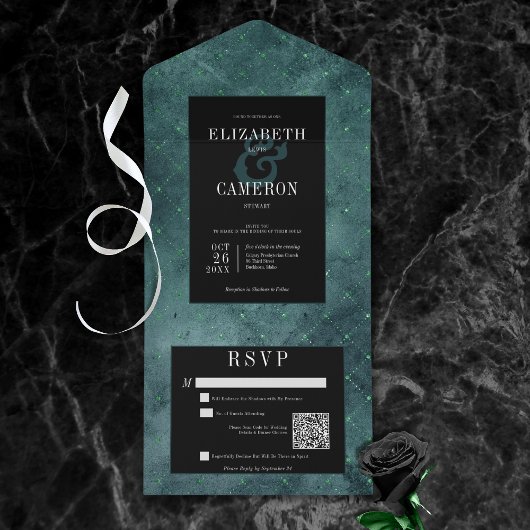 Donker Gotisch Blauwgroen & Zwart Diamant QR Code All In One Uitnodiging